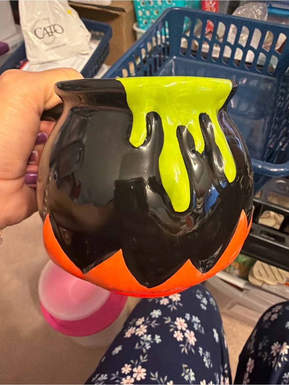 Halloween Cauldron Ceramic Coffee Mug - Black & Orange with Green Drip